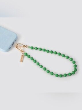 NIB Beaded Phone Strap in Green with Gold Hardware